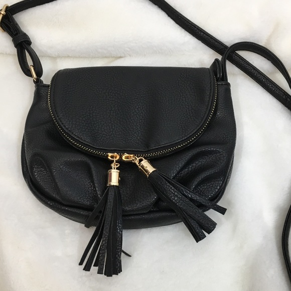 Handbags - Black Vegan Leather Crossbody with tassels